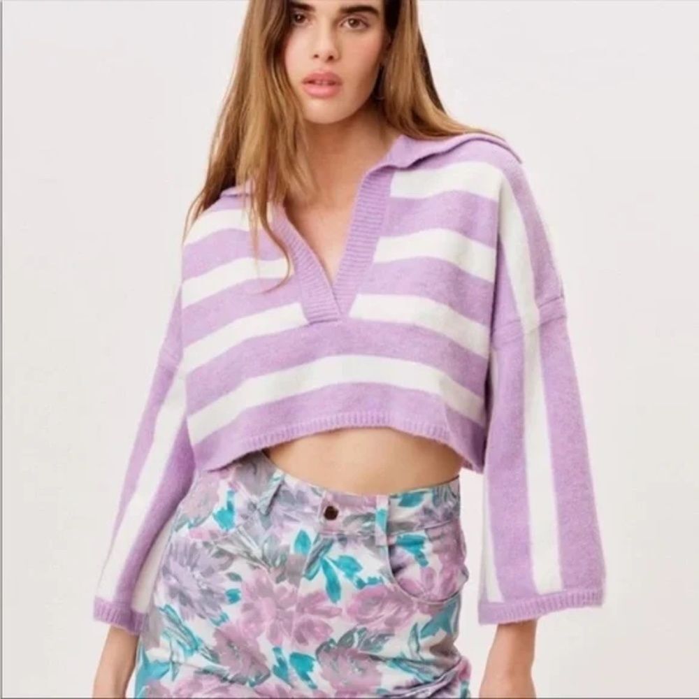 For Love And Lemons Maud Cropped Oversized Sweater Purple Striped NWT Size large - Picture 2 of 7
